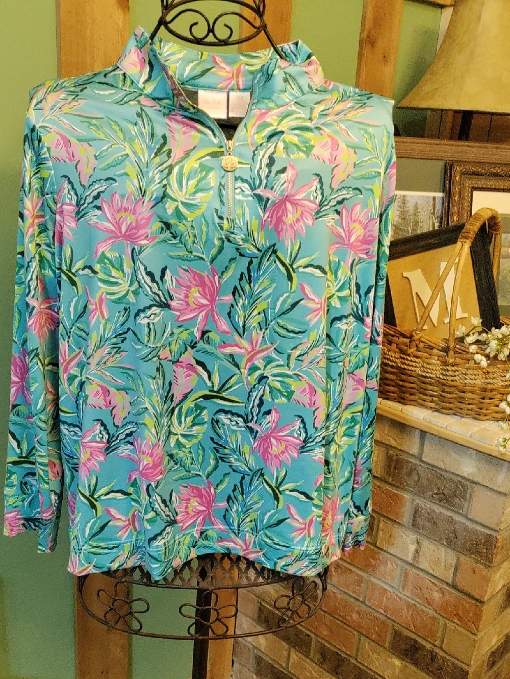 Floral Mock Neck Pullover - Teal & Pink